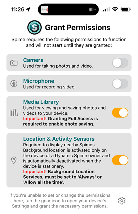 Spime version 2.0 Permissions screen Spime version 2.0 Permissions screen