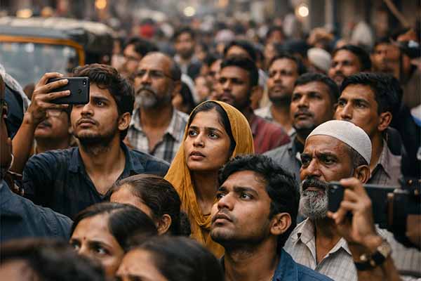 India 08 600x400 Focused crowd on a busy street
